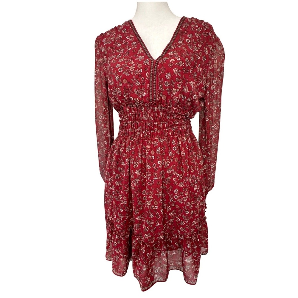 Max Studio Floral Smocked Waist Tiered Dress XS Red Cottage Romantic Boho Ruffle